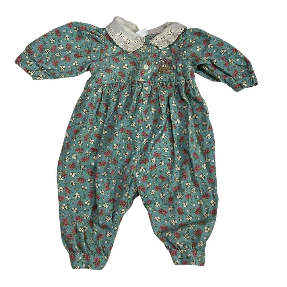 Vintage Carters Baby Romper 12-18M Blue Floral Lace Bear Embroidery cute classic